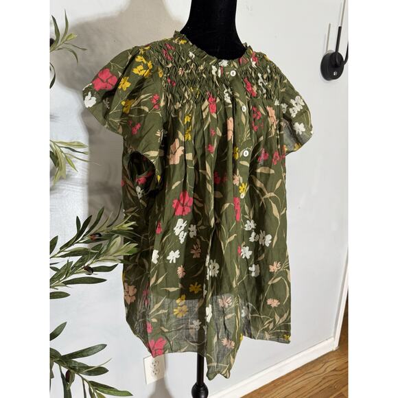 Daniel Rainn Linen Flutter Sleeve Button Down Top Smocked Sz 3X Floral Boho - Picture 1 of 8